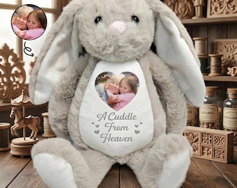 Conejito de peluche personalizado conmemorativo, peluche suave con foto personalizada "Abrazo desde el cielo", regalo de duelo para niños, recuerdo, recuerdo conmemorativo