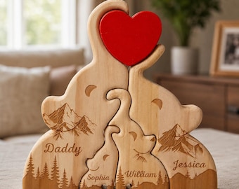 Rompecabezas de madera personalizado de una familia de elefantes, recuerdo de un abrazo de elefante grabado con nombre personalizado, rompecabezas de elefante para la habitación del bebé, regalo para el Día del Padre