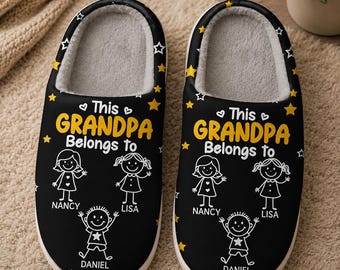 Personalized "This Grandpa Belongs To" House Slippers, Custom Grandkids Stick Figure Slippers, Soft Plush Indoor Father's Shoes
