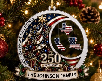 Gepersonaliseerd 3D-kerstornament van acryl ter ere van het 250-jarig jubileum met een kaart van de Verenigde Staten die ver van elkaar verwijderd liggen, een gepersonaliseerde kerstboomdecoratie met een kaart van de VS, een patriottisch aandenken.