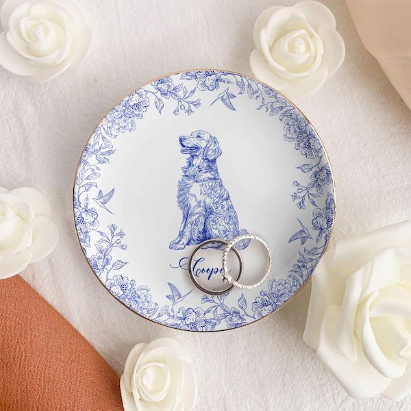 Personalized Chinoiserie Pet Jewelry Dish: Custom Dog Portrait Ceramic Trinket Plate