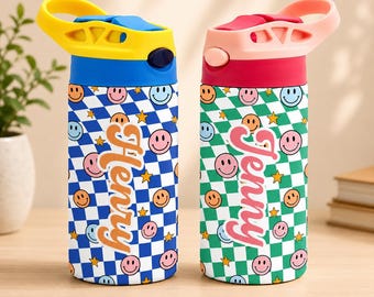 Borraccia personalizzata per bambini con faccina sorridente da 355 ml, borraccia scolastica a scacchiera con nome personalizzato, tazza per bambini per il ritorno a scuola
