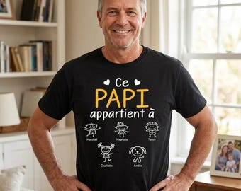 Personalized "Ce Papi Appartient à" T-Shirt, Custom Grandkids Stick Figure Shirt, French Grandfather Shirt, Father's Day Gift for Papa