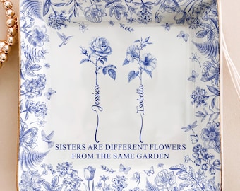 Personalized Birth Flower Jewelry Dish: Sister Gift, Ceramic Trinket Plate