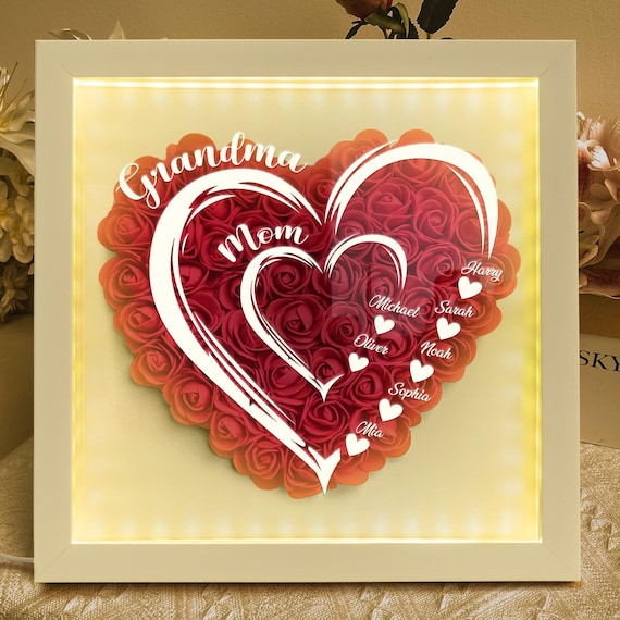 Personalized Mother's Day Gift, Custom Grandma Shadow Box with LED Light, Flower Heart Shadow Box with Grandkids Names, Mom Birthday Gift
