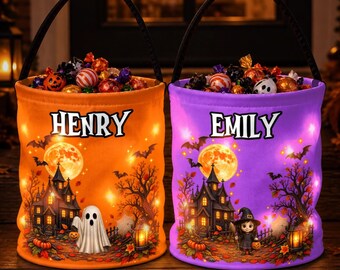 Personalized LED Halloween Ghost Candy Bucket, Custom Light-up Haunted House Treat Bag, Black Cat Basket, Kids Trick or Treat Gift