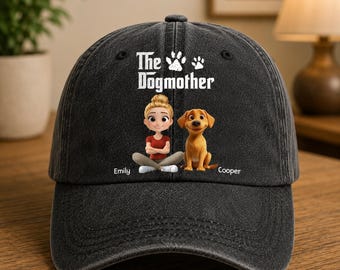 Cappello in denim lavato personalizzato "The Dogmother", cappellino personalizzato per la mamma di un cane, regalo per amanti degli animali, regalo per cani e padroni