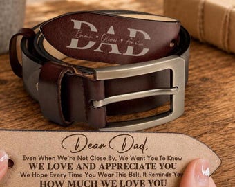 Personalized Leather Belt for Dad, Engraved Message Gift for Father, Dear Daddy Birthday Present from Daughter Son, Custom Hidden Text Belt