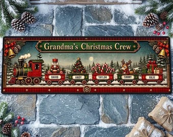 Personalized Grandma's Christmas Crew Train Runner Rug, Custom Family Holiday WelcomeMat, Festive Long Runner PorchRug, Winter Decor