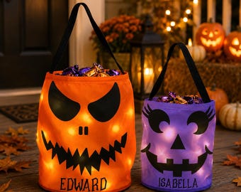 Personalized Light-Up Halloween Candy Bucket, Custom LED Trick or Treat Bag, Spooky Jack-o'-Lantern TreatBasket, Kids Halloween Gift