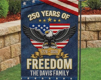 Bandiera da giardino personalizzata per il 250° anniversario degli Stati Uniti, insegna da giardino personalizzata con nome di famiglia, stendardo americano 1776-2026, decorazione per esterni per il cinquantesimo anniversario.