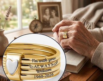 Personalized Memorial Heart Stacking Rings, Custom Name Sympathy JewelryGift, I'm With You Always Angel Wing Ring, Loss of LovedOne Keepsake