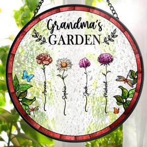 Birth Flower Grandma&#39;s Garden Suncatcher – Personalized Stained Glass Window Hanging, Nana Birth Month Flower Gift, Mother&#39;s Day Decor