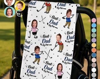 Personalized "Best Dad By Par" Golf Towel, Custom Kids' Faces Face Golfing Gift for Daddy, Unique Father's Day Golf Accessory