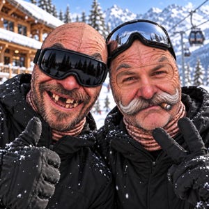 May include: Two individuals wearing black ski jackets, black gloves, and tan balaclavas. One wears dark ski goggles and has missing teeth. The other wears mirrored ski goggles, has a large handlebar mustache, and holds a cigar in their mouth.