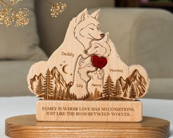 Personalized Wooden Wolf Family Puzzle: Engraved Beech Wood Keepsake