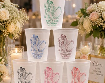 Personalized Wedding Cups, Custom Sketch Portrait Party Favors, Photo Wedding Drinkware, Engagement Party Decor, Bride & Groom Gift