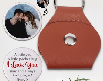 Personalized Leather Pocket Hug Keychain with Photo, Custom I Love You Gift for Boyfriend Girlfriend, Long Distance Relationship Gift