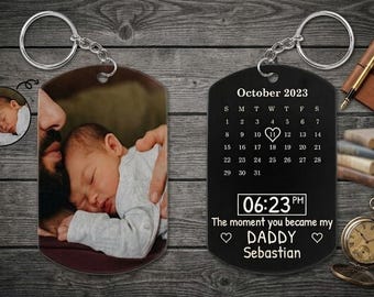 Llavero personalizado "El momento en que te convertiste en mi papá", llavero con calendario de fotos personalizado, anuncio de nacimiento de papá, regalo para el Día del Padre por primera vez
