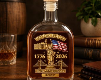 Personalized US 250th Anniversary 3D Effected Whiskey Decanter, Custom Name 1776–2026 Semiquincentennial Bourbon Bottle, 4th of July Gift