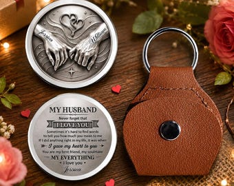 Llavero de cuero personalizado "Mi alma gemela, mi todo", regalo de aniversario con moneda personalizada para esposo, recuerdo con mensaje romántico