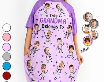 Camiseta de dormir personalizada con foto "This Grandma Belongs To", camisón de abuela personalizado con caras de nietos, regalo para el Día de la Madre para Mimi Nana