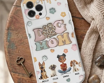 Funda personalizada para teléfono con diseño de mamá perruna, con nombres de perros personalizados, regalo para dueños de mascotas, funda para iPhone con efecto 3D de corazón y huella de pata.