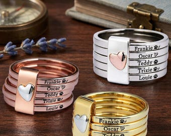 Anillos apilables personalizados para mamás de mascotas, anillos personalizados para mamás de perros con nombres, anillo de corazón para mamás de gatos, anillos apilables grabados para mascotas, joyería conmemorativa