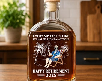 Decantador de whisky personalizado "HappyRetirement", botella de licor "Cada sorbo sabe como si ya no fuera mi problema", regalo de cristal para la jubilación 2026