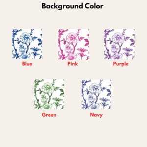 Peut inclure: L'image pr&eacute;sente cinq motifs carr&eacute;s avec des motifs floraux de diff&eacute;rentes couleurs. Les motifs comprennent le bleu, le rose, le violet, le vert et le marine, chacun &eacute;tant &eacute;tiquet&eacute; avec son nom de couleur. Le texte "Background Color" est en haut.