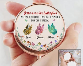 Custom Besties Sibling Butterfly Compact Mirror, Personalized Name Sisters  Mirror, Butterflies Gift, Rose Gold Pocket Mirror Gift For Her