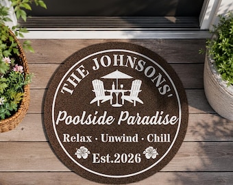 Felpudo redondo personalizado, felpudo de bienvenida personalizado para la piscina, decoración de piscina con nombre familiar, felpudo Relax Unwind Chill, alfombra de patio con fecha de fundación.