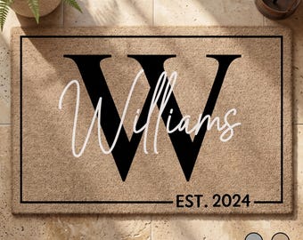 Personalized Family Name Doormat, Custom Monogram Established Year Welcome Mat, Boutique Housewarming Gift, Entryway Mat