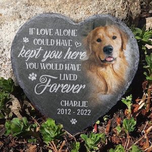 May include: Heart-shaped memorial stone with a photo of a golden retriever and the text "If love alone could have kept you here, you would have lived forever." The dog's name, Charlie, and dates 2012-2022 are also included. The stone is surrounded by greenery.