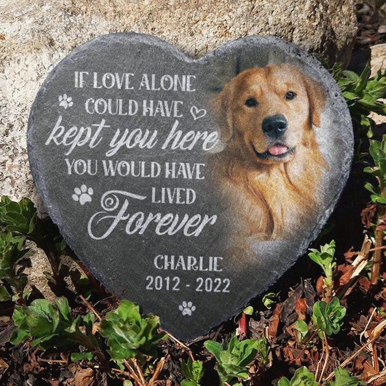 May include: Heart-shaped memorial stone with a photo of a golden retriever and the text "If love alone could have kept you here, you would have lived forever." The dog's name, Charlie, and dates 2012-2022 are also included. The stone is surrounded by greenery.