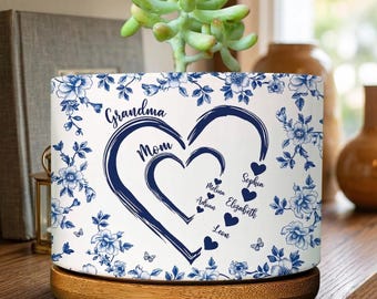 Personalized Mom And Grandma Heart Plant Pot, Custom Mum-Nana Generation Planter, Toile De Jouy Style Ceramic Flower Pot, Mother's Day Gift