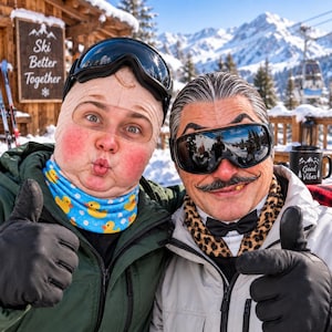 May include: Two individuals wearing ski gear, including black goggles, black gloves, and winter jackets. One wears a beige balaclava with a blue duck-patterned neck gaiter, while the other has a moustache, a leopard print scarf, and a black bow tie.