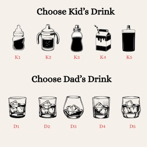K&ouml;nnte beinhalten: Illustration mit dem Text "Choose Kid's Drink" und "Choose Dad's Drink". Das Bild zeigt Getr&auml;nkeoptionen: Babyflaschen, Trinkbecher und Saftboxen f&uuml;r Kinder sowie Whiskeygl&auml;ser mit Eis f&uuml;r Erwachsene.
