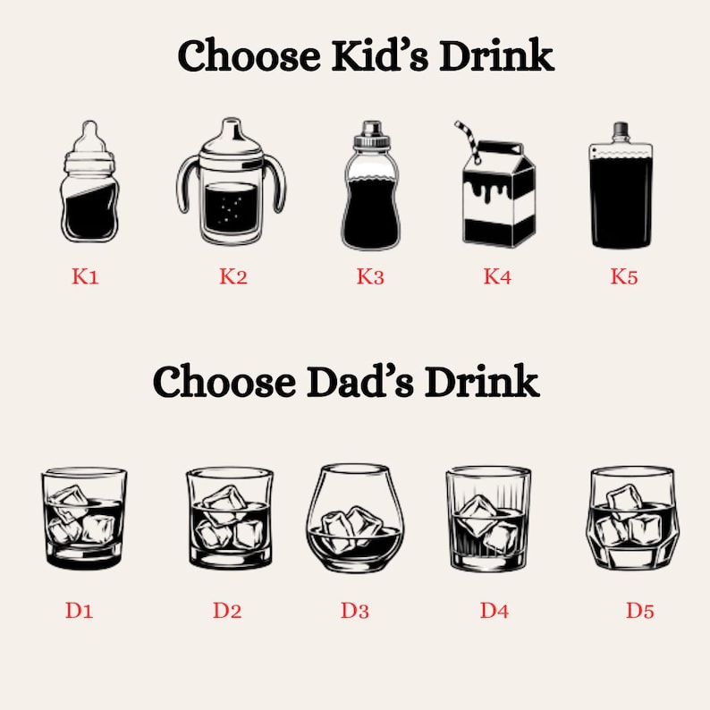 K&ouml;nnte beinhalten: Illustration mit dem Text "Choose Kid's Drink" und "Choose Dad's Drink". Das Bild zeigt Getr&auml;nkeoptionen: Babyflaschen, Trinkbecher und Saftboxen f&uuml;r Kinder sowie Whiskeygl&auml;ser mit Eis f&uuml;r Erwachsene.