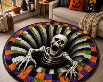 Personalized Halloween Optical Illusion Skeleton 3D Vortex Rug, Round Tunnel Creepy Floor Mat, Spooky Home Decor Party Prop