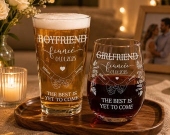 Personalized Engagement Glassware Set, Custom Couple Pint and Wine Glass Gift, Milestone Date Keepsake, Romantic Gift