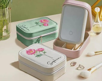 Custom Name Birth Flower Cosmetics Bag,Personalized Travel Makeup Case LED Mirror, Portable Makeup Organizer with Light,Gift for Her.