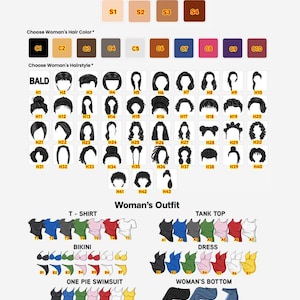 Puede incluir: Una gu&iacute;a de personalizaci&oacute;n de productos con opciones de tono de piel, color de cabello y peinados. Incluye varias opciones de ropa como camisetas, camisetas sin mangas, vestidos y trajes de ba&ntilde;o. La gu&iacute;a tambi&eacute;n ofrece opciones para la parte inferior.
