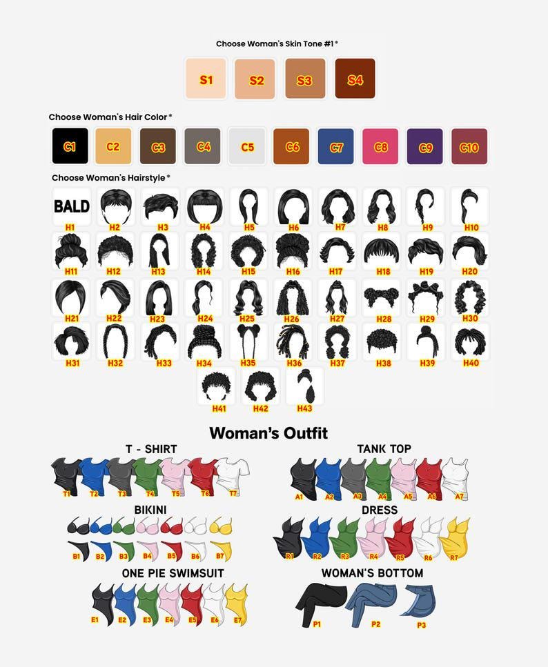 Puede incluir: Una gu&iacute;a de personalizaci&oacute;n de productos con opciones de tono de piel, color de cabello y peinados. Incluye varias opciones de ropa como camisetas, camisetas sin mangas, vestidos y trajes de ba&ntilde;o. La gu&iacute;a tambi&eacute;n ofrece opciones para la parte inferior.
