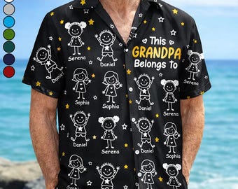 Gepersonaliseerd deze opa hoort bij Hawaïaans shirt, custom kleinkinderen naam doodle button-down, vaderdagcadeau, unieke zomervakantie