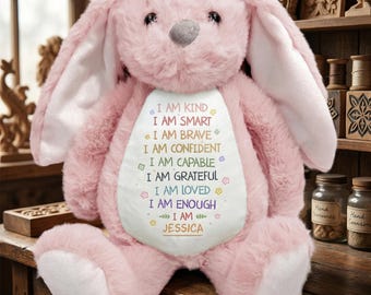 Personalized Affirmation Bunny Plush, Custom Name Positive Stuffed Animal, I Am Kind Smart Brave Soft Toy, New Baby Girl Shower Gift