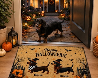 Personalized Halloweenie Doormat, Custom Dachshund Halloween Decor, Wiener Dog Welcome Mat, Spooky Pet Gift, Dog Lover Fall Porch Decoration
