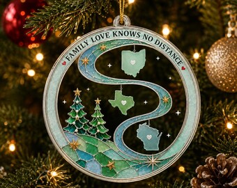 Personalized Family Love Knows No Distance Acrylic Ornament, Custom Long Distance State Map Keepsake, Holiday Tree Decor Gif