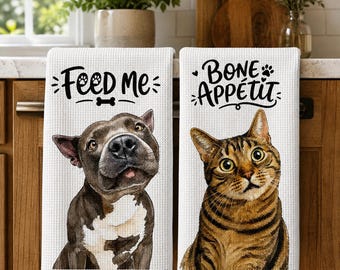 Personalized Pet Portrait Kitchen Towel, Custom Dog & Cat Watercolor HandTowel, Funny Pet Lover DishTowel, Housewarming Gift