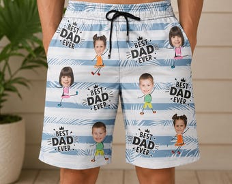 Personalized “Best Dad Ever” Beach Shorts – Custom Face Swim Trunks, Father’s Day Gift for Dad or Grandpa, Funny Summer Outfit